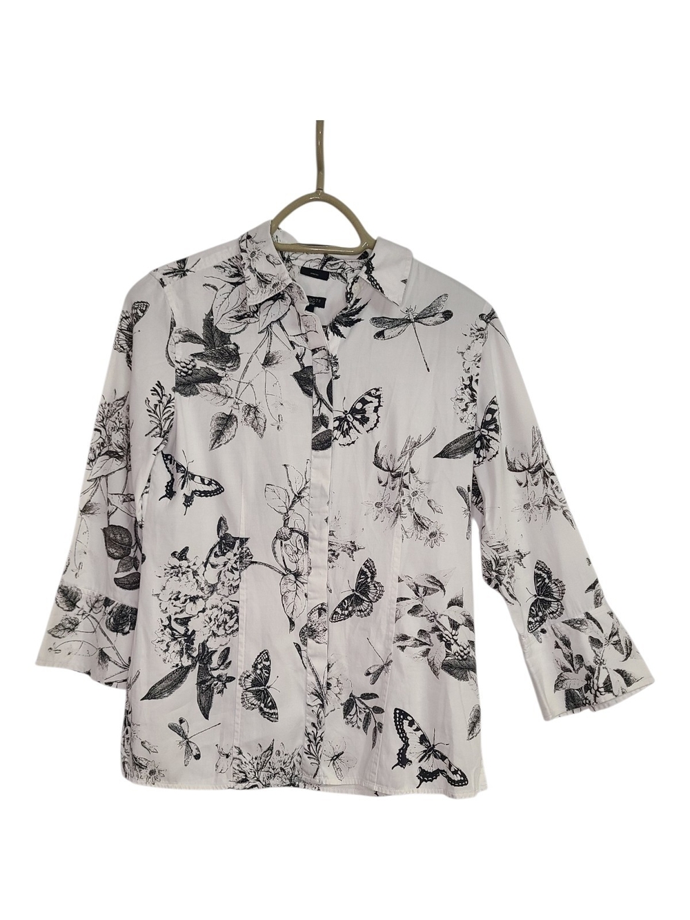 TALBOTS Butterfly & Dragonfly Toile Stretch Button Down Shirt Blouse White Sz 6